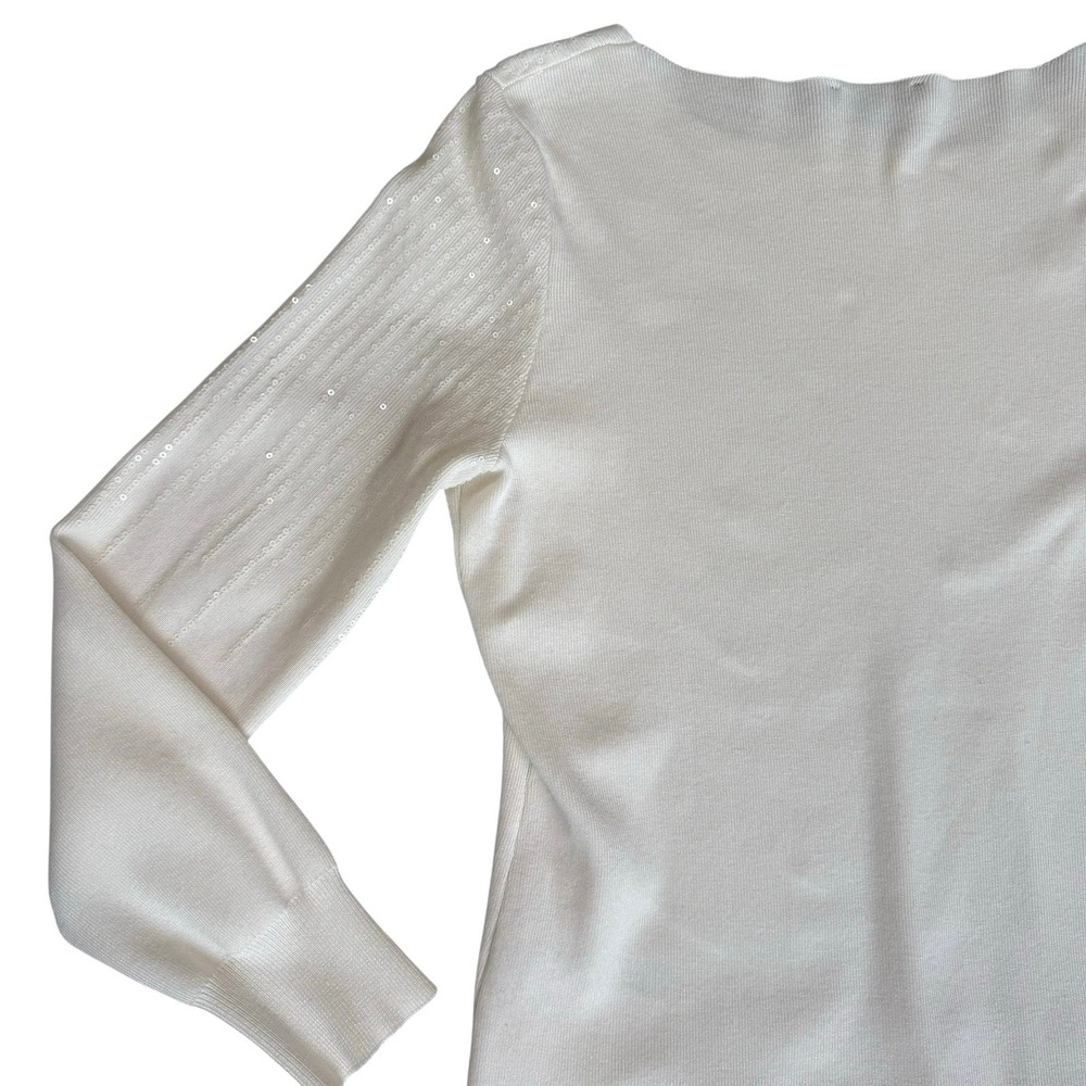 Adrianna Papell Womens Sequin Sweater Large Ivory Boat Neck Quiet Luxury Glam - Picture 10 of 11